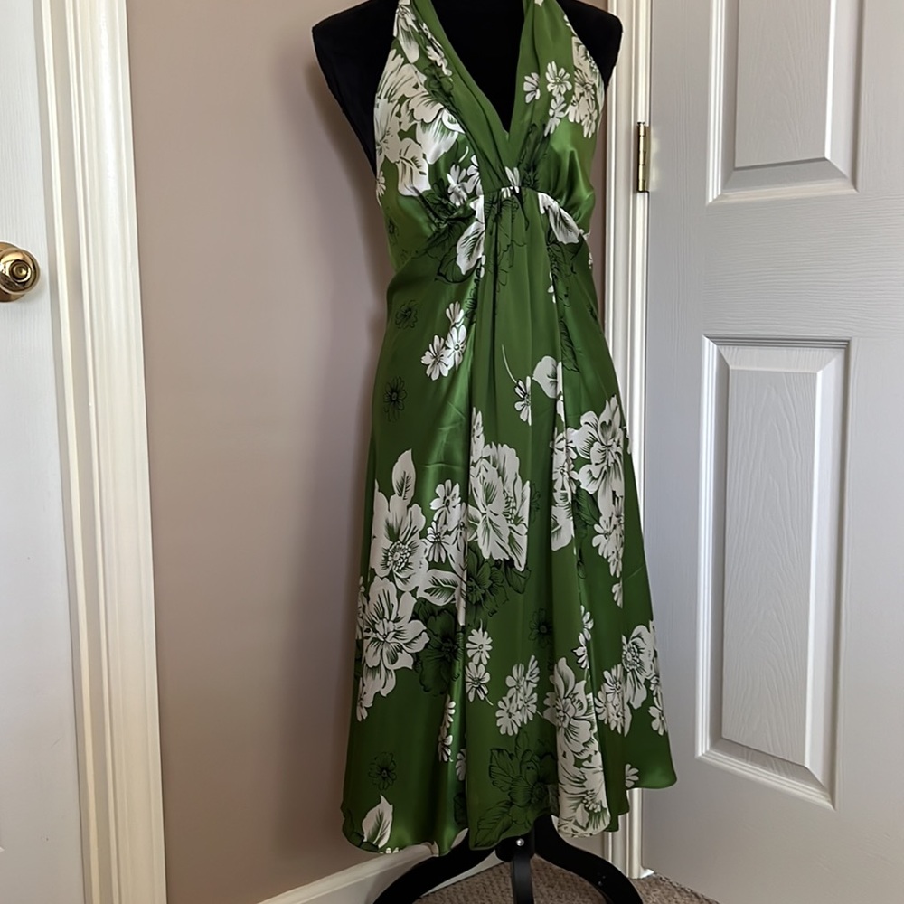 Harold’s Vintage Silk Mixed Media Green Floral Halter Dress Sz. 4